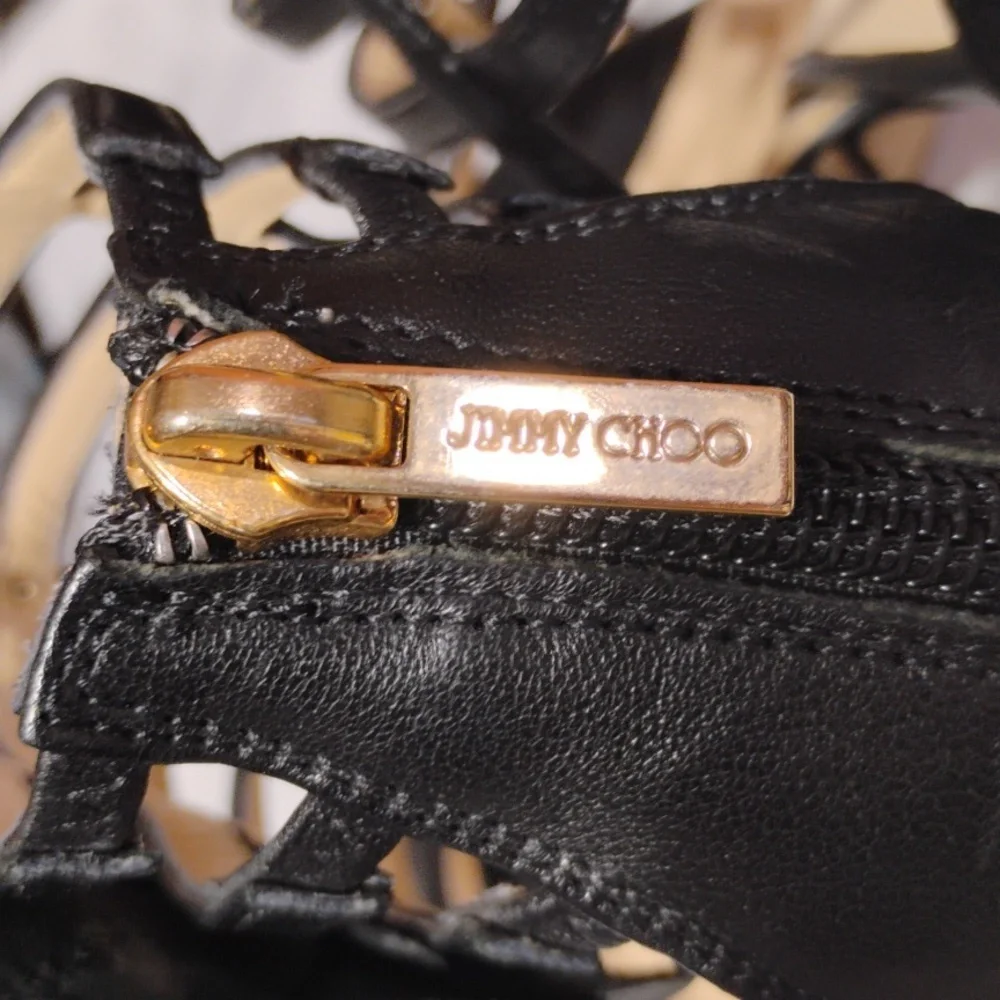 Authentic Jimmy Choo Black Leather Opaque Flower Cage Sandals - Picture 12 of 13